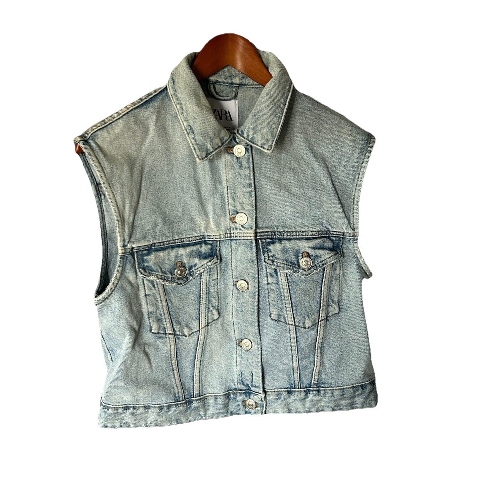 Women's Zara Light Wash Denim Vest Size S Western Festival Biker Grunge